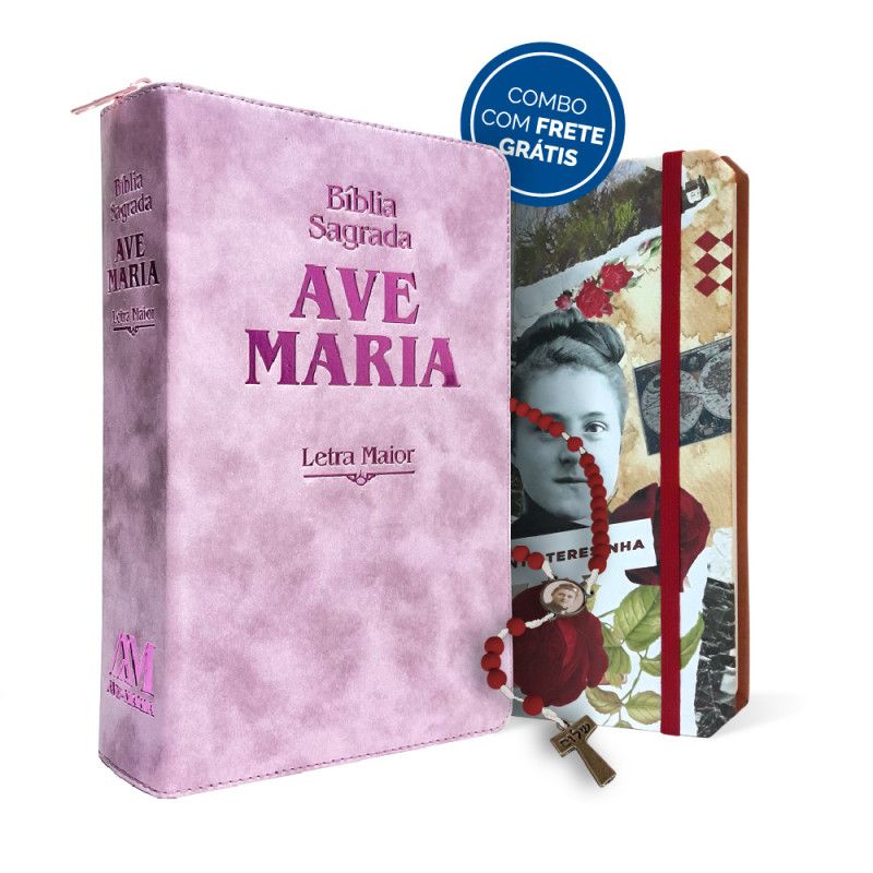 Bíblia Ave Maria Letra Maior - Rosa + Caderneta Santa Teresinha + Terço Tau São Teresinha