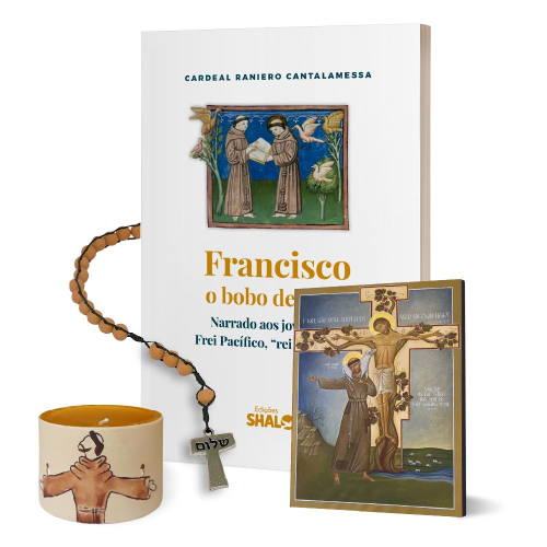 Francisco, o bobo de Deus + Ícone Mandato Missionário de Francisco - A6 + Vela São Francisco 5 cm + Rosário Tau